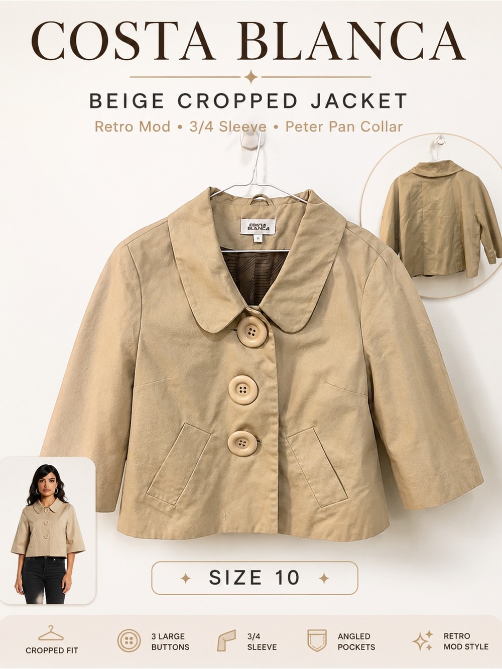 Costa Blanca Beige Cropped Jacket Size 10 Retro Mod Big Buttons 3/4 Sleeve